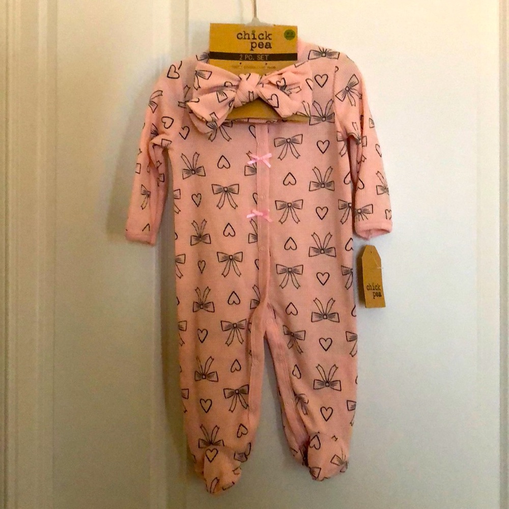 Chick Pea Pink footed coverall with bows &headband